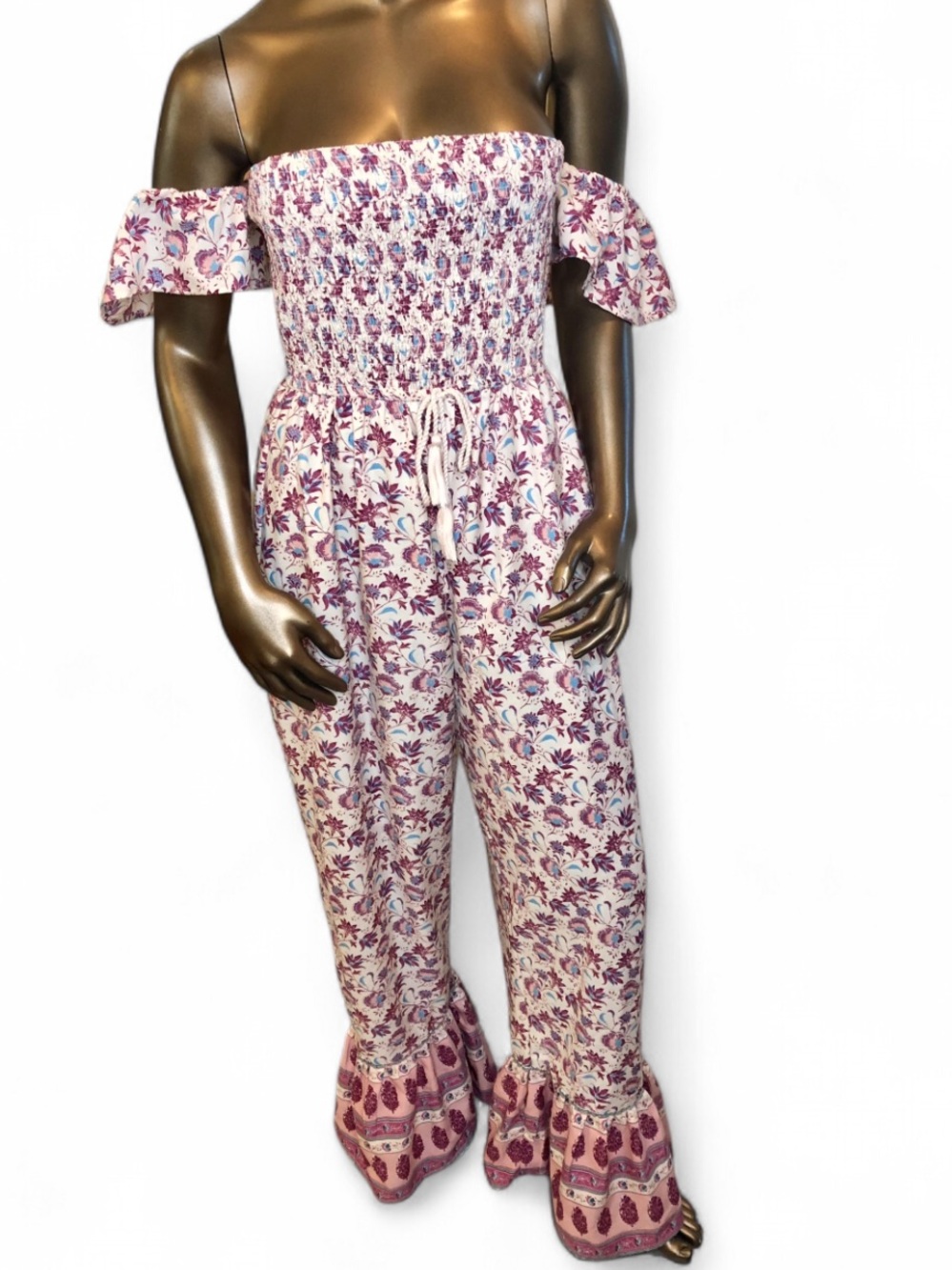 Smocked Off-Shoulder Pink Floral Jumpsuit with Ruffle Hem